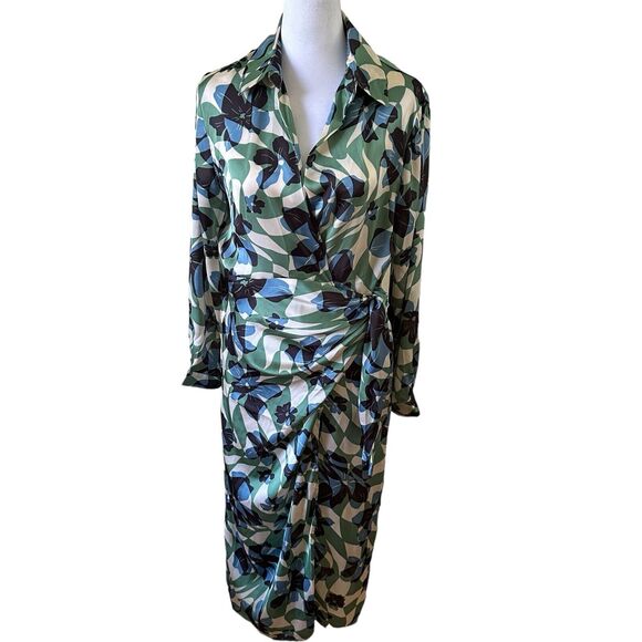Dress Forum Long Sleeves V-neck Wrap Midi Dress Multicolor Green Size M NWT - Picture 4 of 8